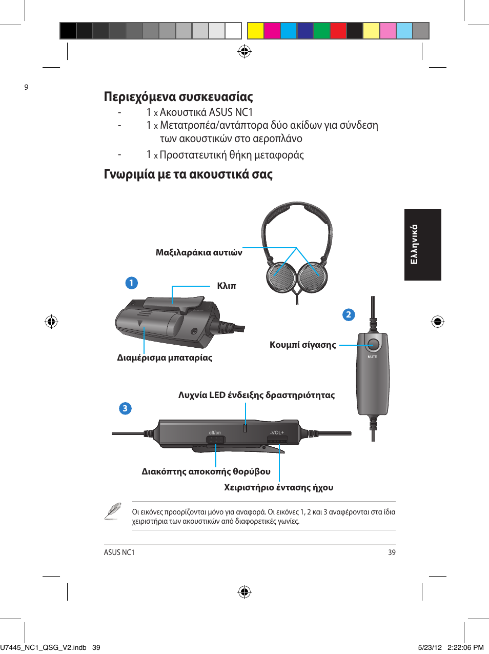 Φορητά ακουστικά ενεργητικής αποκοπής θορύβου, Οδηγός γρήγορης εκκίνησης, Περιεχόμενα συσκευασίας | Γνωριμία με τα ακουστικά σας | Asus NC1 User Manual | Page 39 / 81