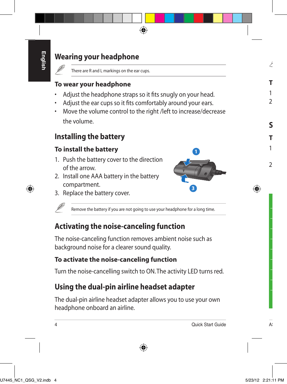 Wearing your headphone, Installing the battery, Activating the noise-canceling function | Using the dual-pin airline headset adapter, Storing your headphone | Asus NC1 User Manual | Page 4 / 81