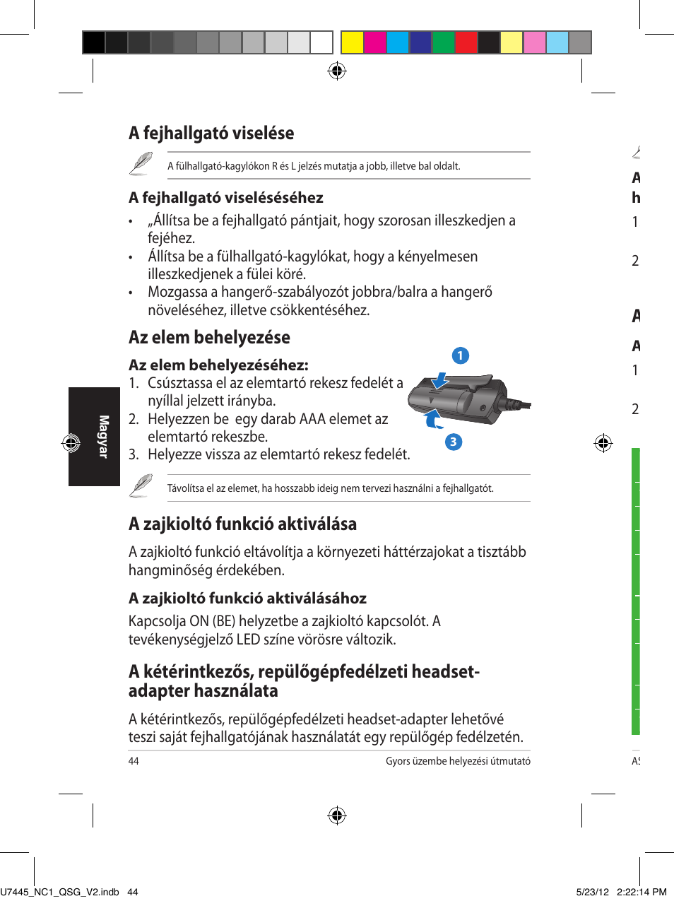 A fejhallgató viselése, Az elem behelyezése, A zajkioltó funkció aktiválása | A fejhallgató tárolása | Asus NC1 User Manual | Page 44 / 81
