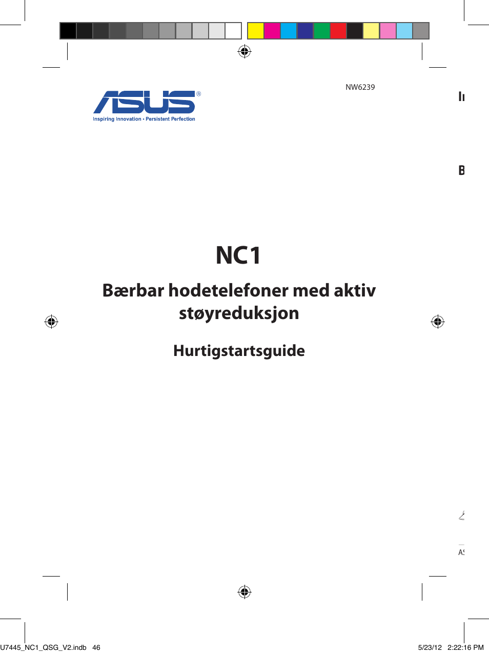 Bærbar hodetelefoner med aktiv støyreduksjon, Hurtigstartsguide, Innhold i pakken | Bli kjent med hodetelefonene | Asus NC1 User Manual | Page 46 / 81