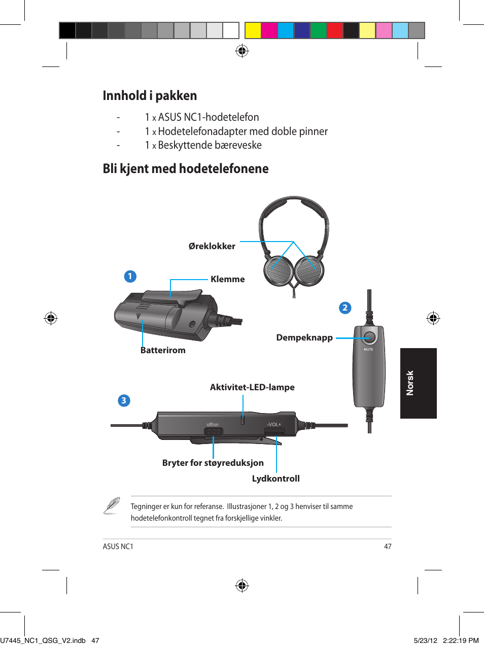 Bærbar hodetelefoner med aktiv støyreduksjon, Hurtigstartsguide, Innhold i pakken | Bli kjent med hodetelefonene | Asus NC1 User Manual | Page 47 / 81