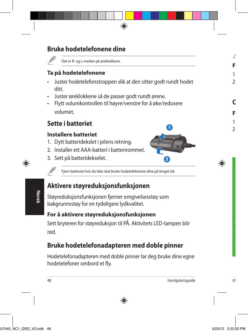 Bruke hodetelefonene dine, Sette i batteriet, Aktivere støyreduksjonsfunksjonen | Bruke hodetelefonadapteren med doble pinner, Oppbevare hodetelefonene | Asus NC1 User Manual | Page 48 / 81