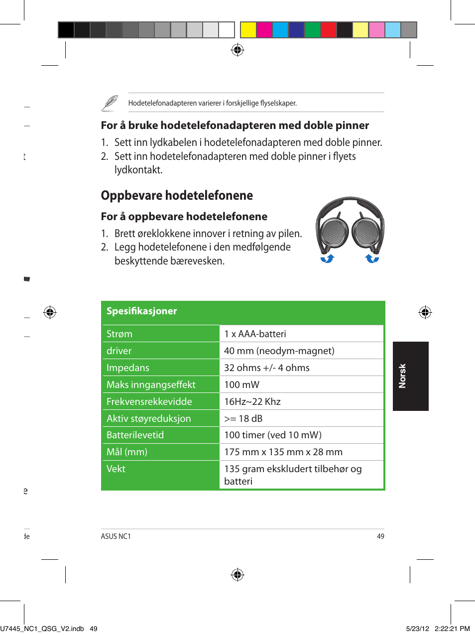 Bruke hodetelefonene dine, Sette i batteriet, Aktivere støyreduksjonsfunksjonen | Bruke hodetelefonadapteren med doble pinner, Oppbevare hodetelefonene | Asus NC1 User Manual | Page 49 / 81