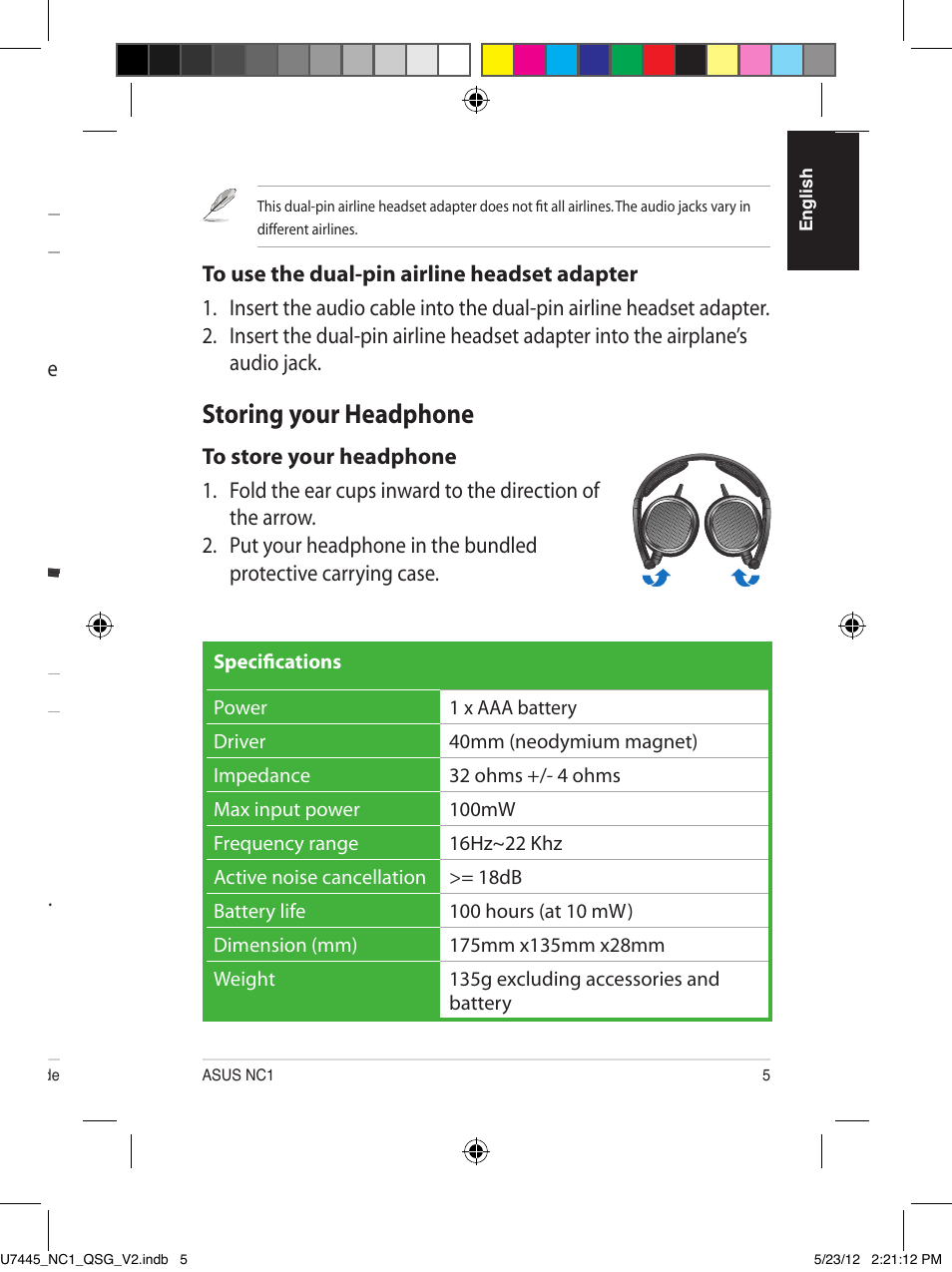 Wearing your headphone, Installing the battery, Activating the noise-canceling function | Using the dual-pin airline headset adapter, Storing your headphone | Asus NC1 User Manual | Page 5 / 81