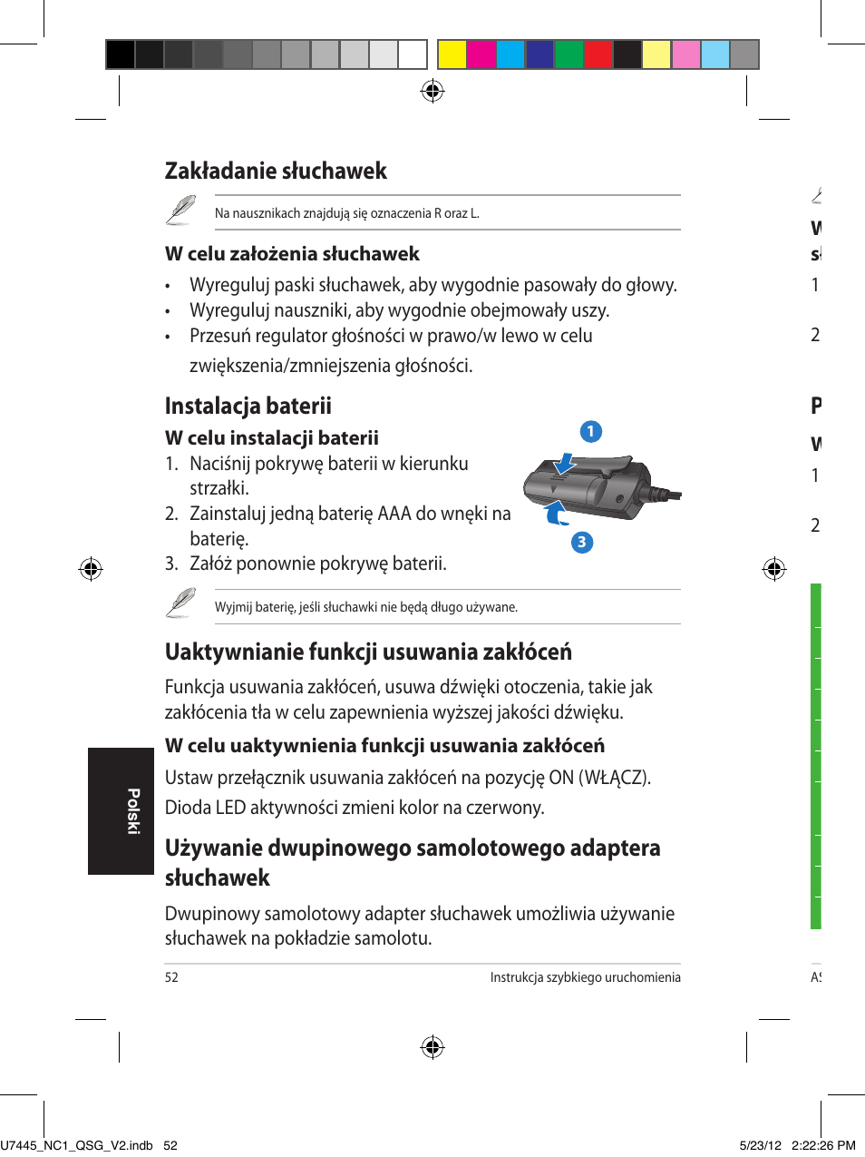 Zakładanie słuchawek, Instalacja baterii, Uaktywnianie funkcji usuwania zakłóceń | Przechowywanie słuchawek | Asus NC1 User Manual | Page 52 / 81