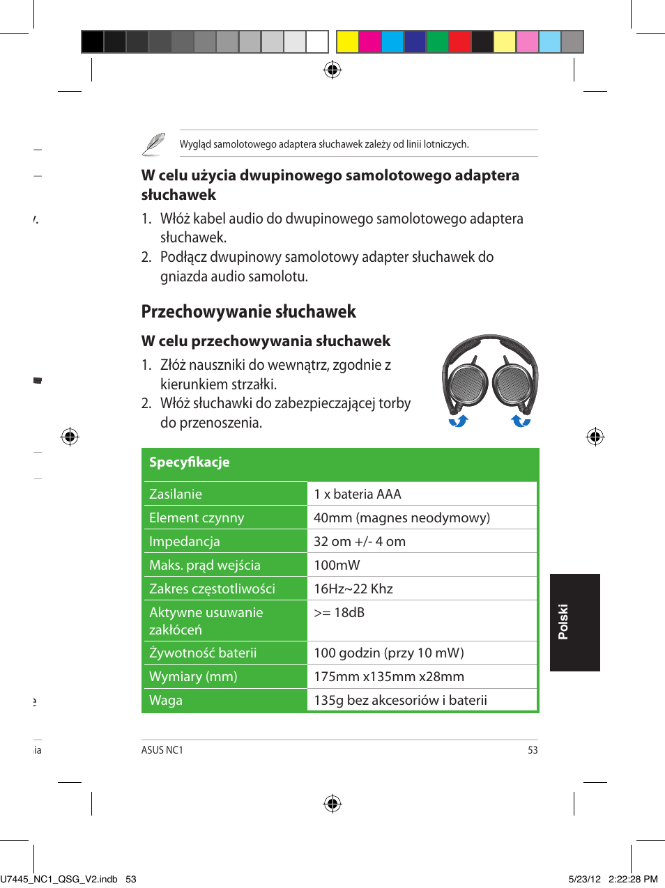 Zakładanie słuchawek, Instalacja baterii, Uaktywnianie funkcji usuwania zakłóceń | Przechowywanie słuchawek | Asus NC1 User Manual | Page 53 / 81