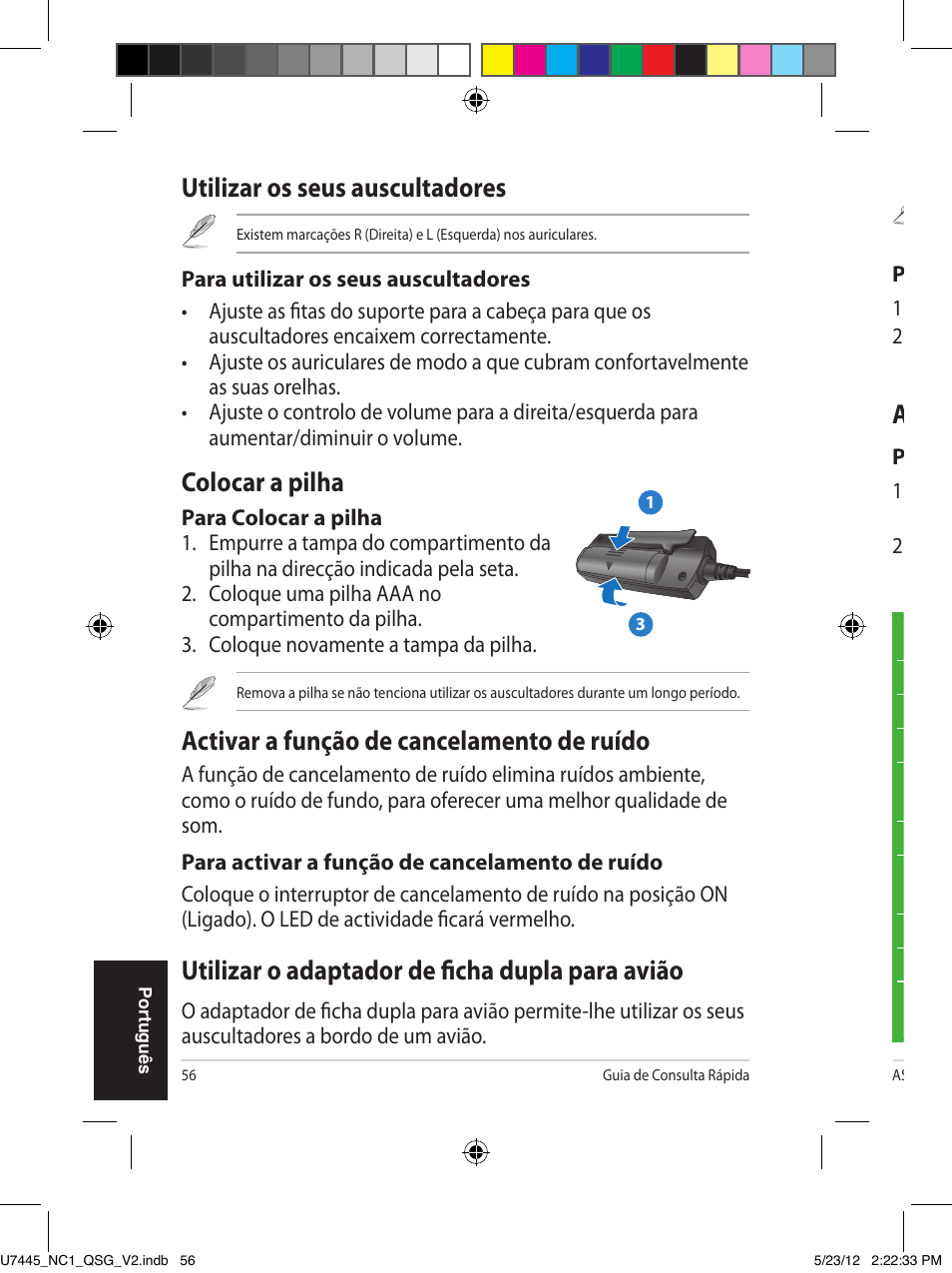 Utilizar os seus auscultadores, Colocar a pilha, Activar a função de cancelamento de ruído | Utilizar o adaptador de ficha dupla para avião, Armazenar os seus auscultadores | Asus NC1 User Manual | Page 56 / 81