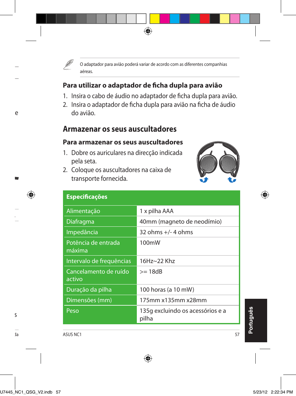 Utilizar os seus auscultadores, Colocar a pilha, Activar a função de cancelamento de ruído | Utilizar o adaptador de ficha dupla para avião, Armazenar os seus auscultadores | Asus NC1 User Manual | Page 57 / 81