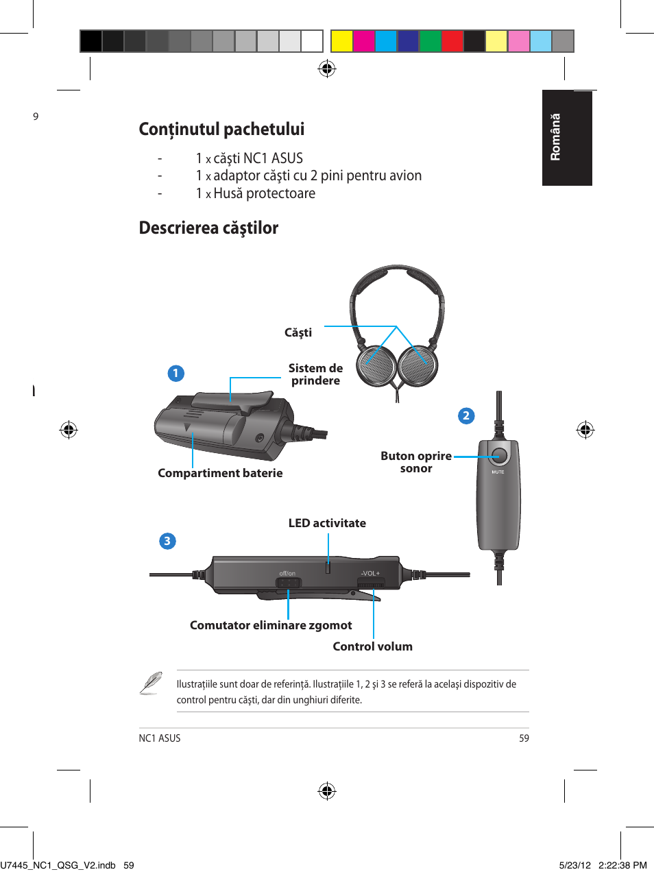 Ghid de pornire rapidă, Conţinutul pachetului, Descrierea căştilor | Asus NC1 User Manual | Page 59 / 81