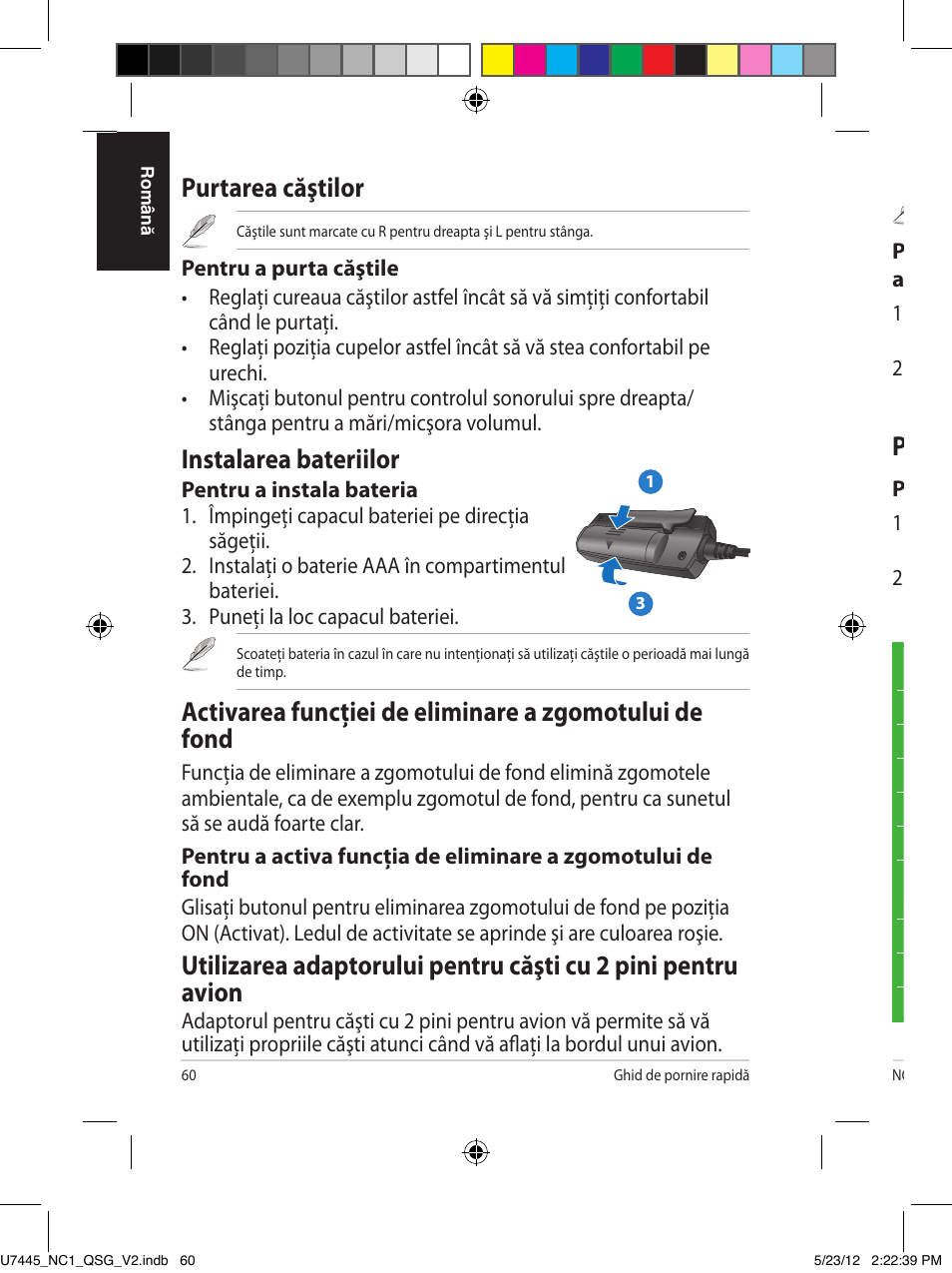 Purtarea căştilor, Instalarea bateriilor, Păstrarea căştilor | Asus NC1 User Manual | Page 60 / 81
