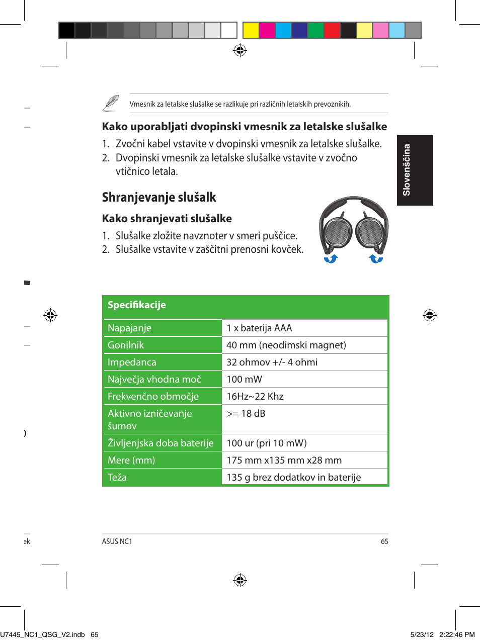 Nošenje slušalk, Vstavljanje baterij, Aktiviranje funkcije za izničevanje šumov | Uporaba dvopinskega vmesnika za letalske slušalke, Shranjevanje slušalk | Asus NC1 User Manual | Page 65 / 81