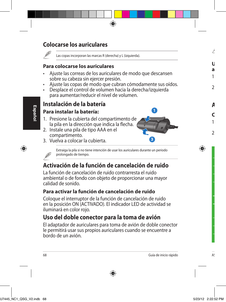 Colocarse los auriculares, Instalación de la batería, Activación de la función de cancelación de ruido | Uso del doble conector para la toma de avión, Almacenamiento de los auriculares | Asus NC1 User Manual | Page 68 / 81