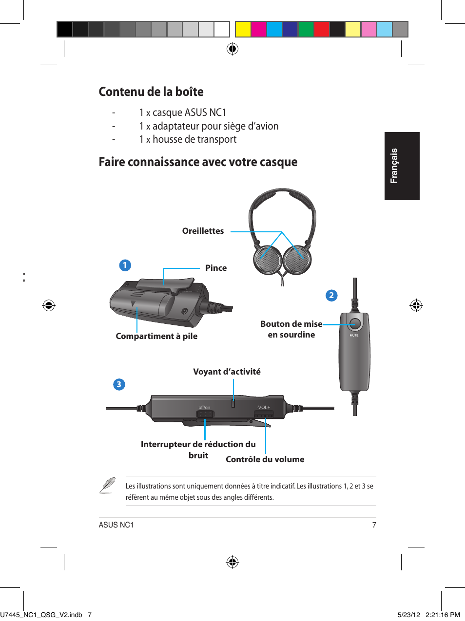 Casque audio à réduction de bruit, Guide de démarrage rapide, Contenu de la boîte | Faire connaissance avec votre casque | Asus NC1 User Manual | Page 7 / 81