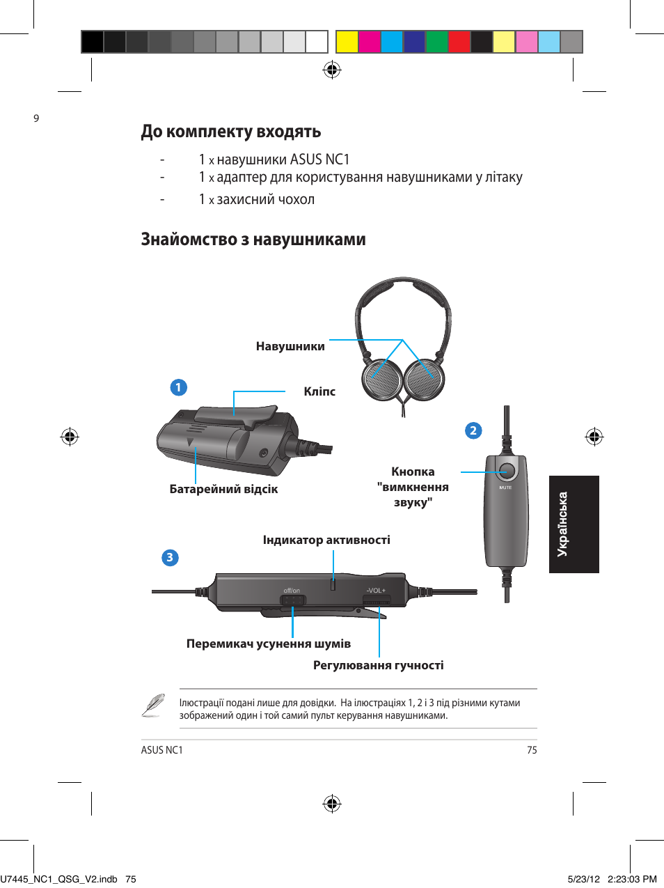Портативні навушники із активним усуненням шумів, Коротка інструкція, До комплекту входять | Знайомство з навушниками | Asus NC1 User Manual | Page 75 / 81