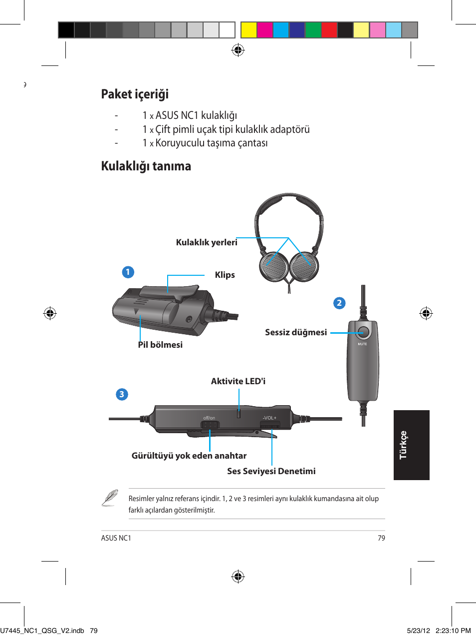 Portatif aktif gürültüyü yok eden kulaklık, Hızlı başlangıç kılavuzu, Paket içeriği | Kulaklığı tanıma | Asus NC1 User Manual | Page 79 / 81