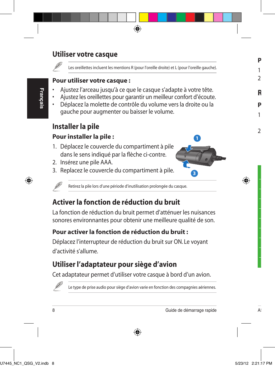 Utiliser votre casque, Installer la pile, Activer la fonction de réduction du bruit | Utiliser l’adaptateur pour siège d’avion, Ranger votre casque | Asus NC1 User Manual | Page 8 / 81