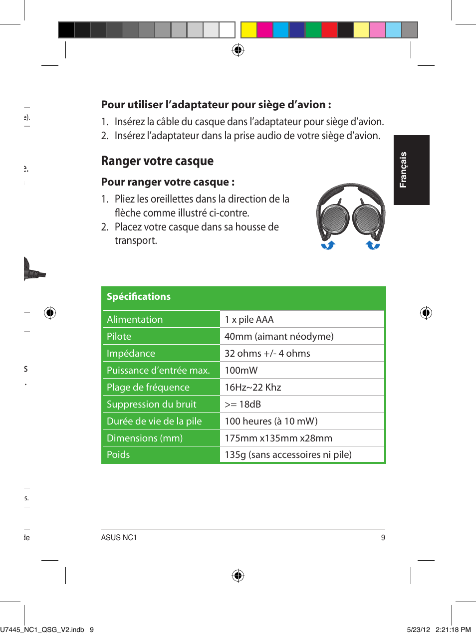 Utiliser votre casque, Installer la pile, Activer la fonction de réduction du bruit | Utiliser l’adaptateur pour siège d’avion, Ranger votre casque | Asus NC1 User Manual | Page 9 / 81