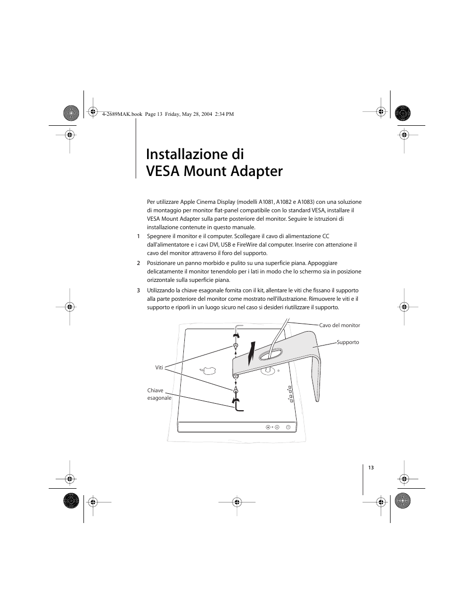 Installazione di vesa mount adapter | Apple VESA Mount Adapter User Manual | Page 13 / 20