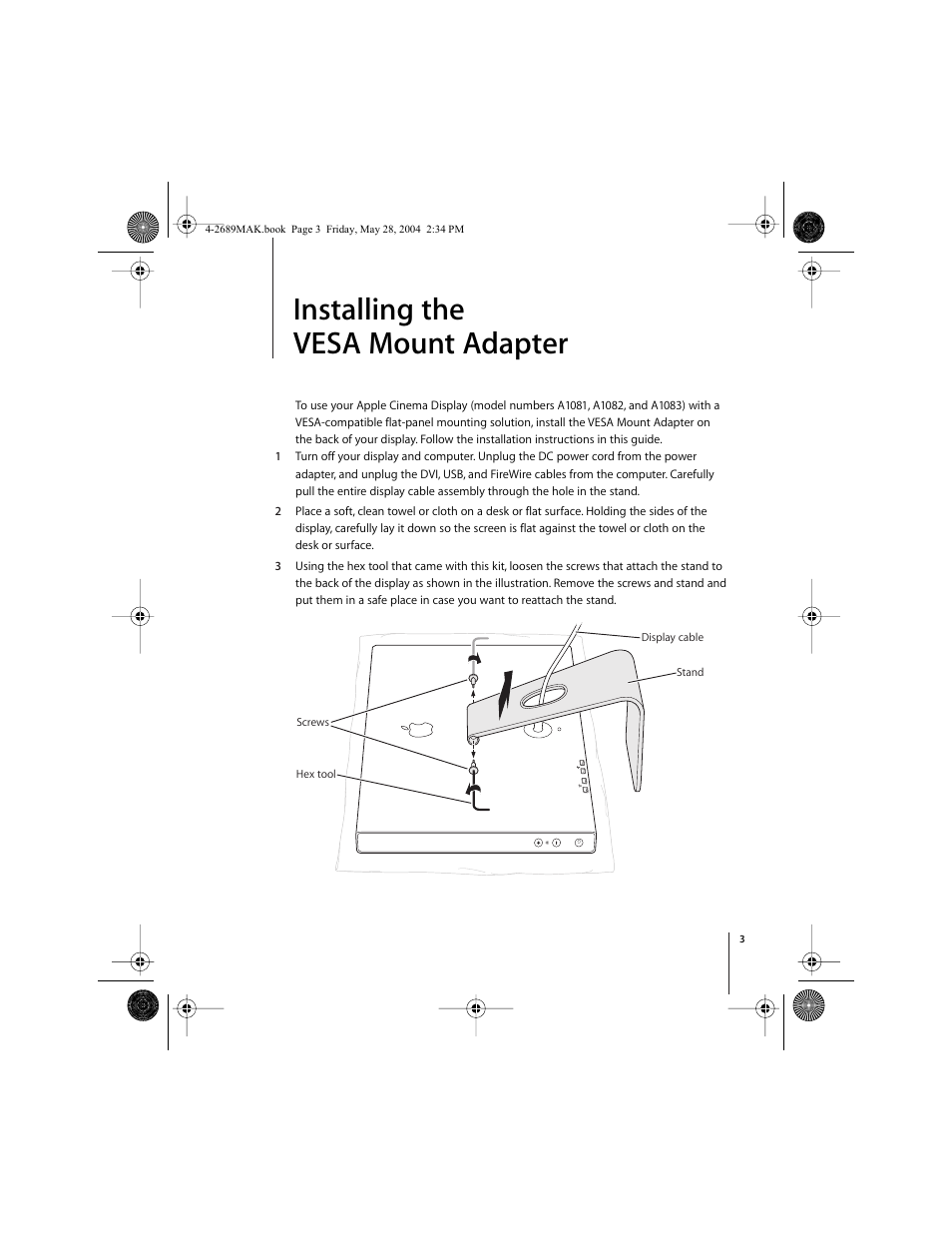 Installing the vesa mount adapter | Apple VESA Mount Adapter User Manual | Page 3 / 20