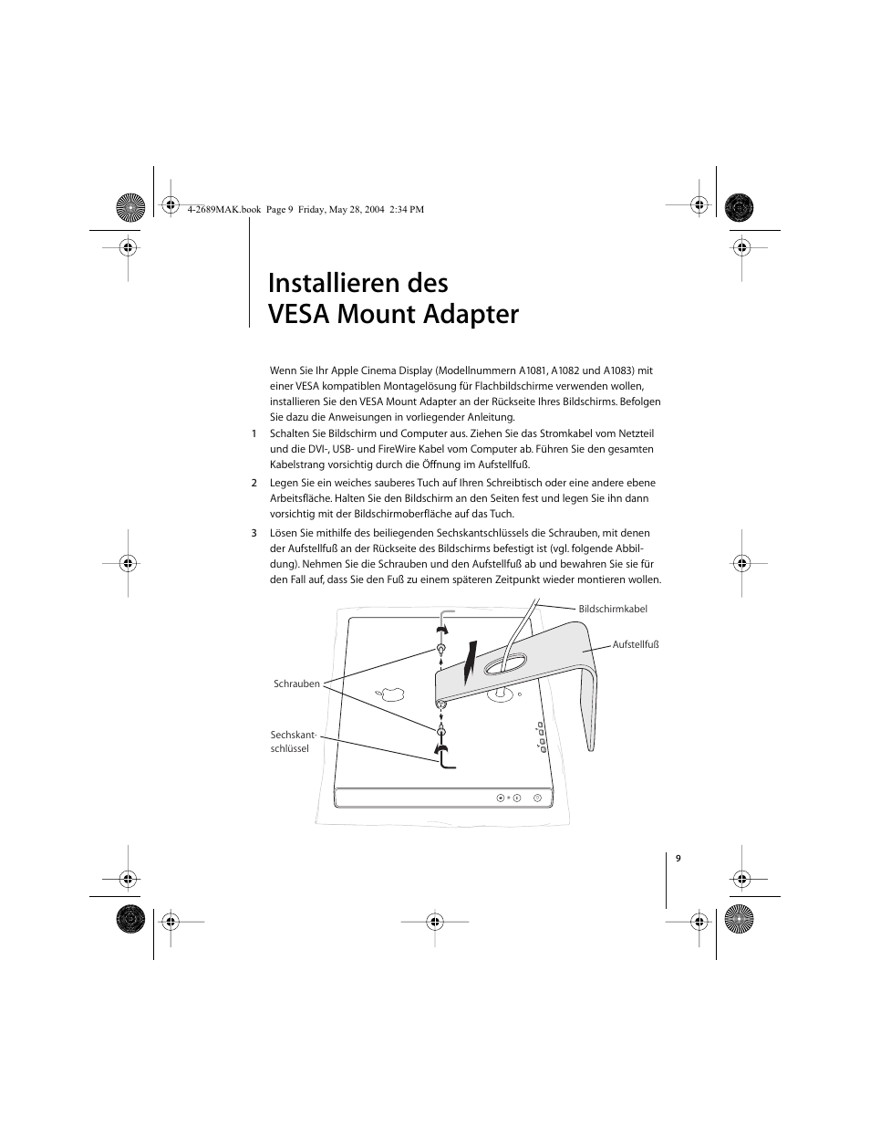 Installieren des vesa mount adapter | Apple VESA Mount Adapter User Manual | Page 9 / 20