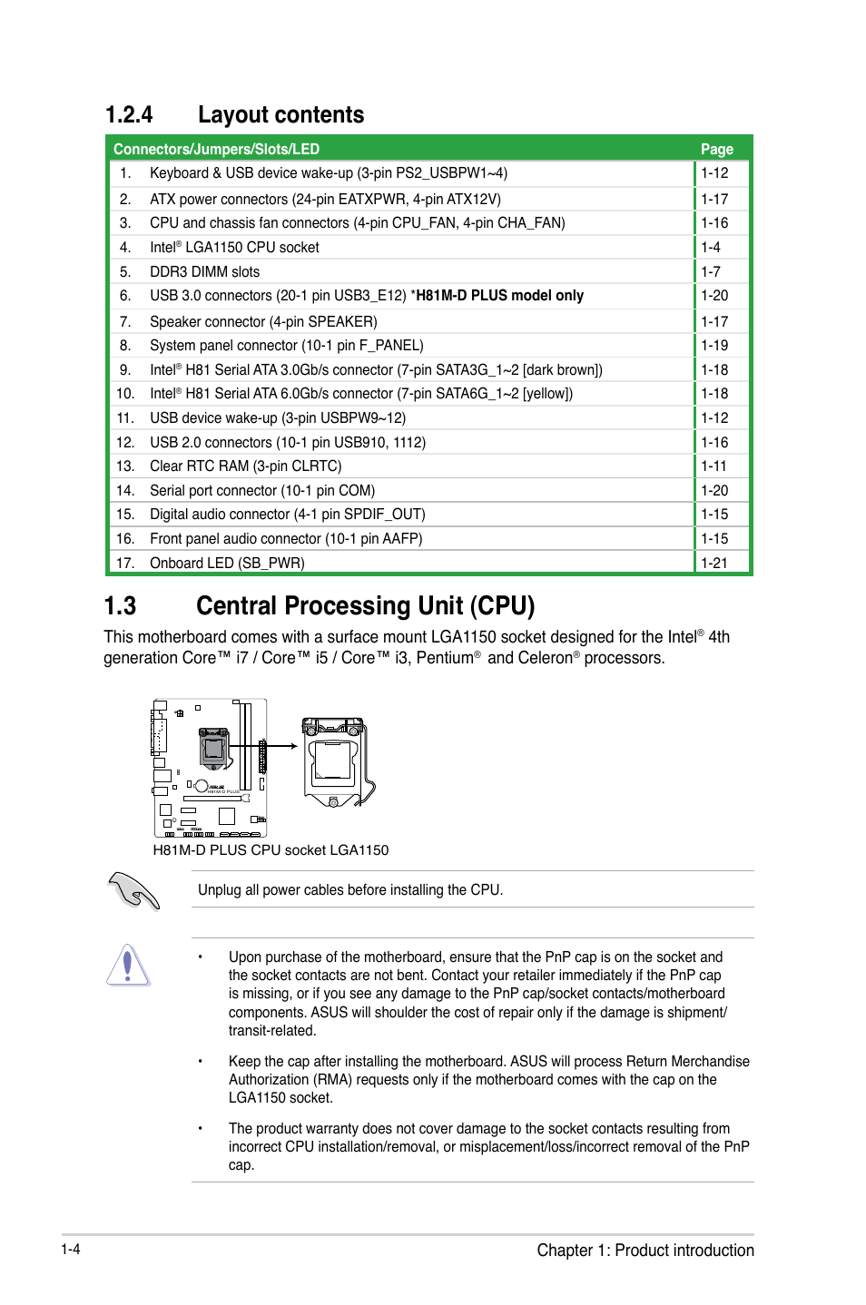 3 central processing unit (cpu), 4 layout contents | Asus H81M-D PLUS User Manual | Page 12 / 48