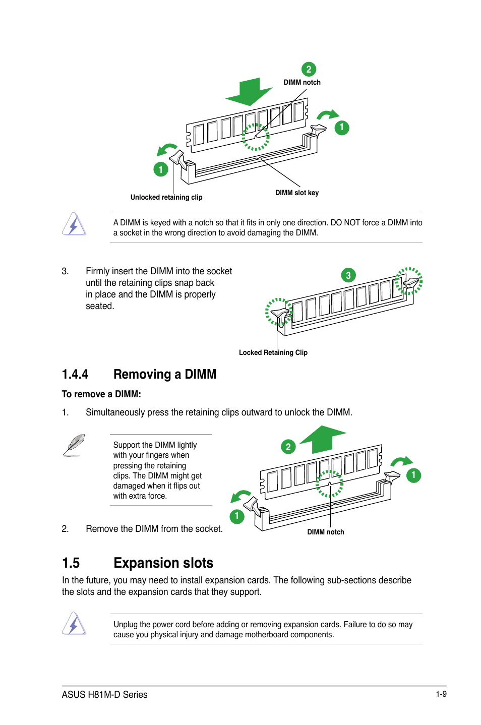 5 expansion slots, 4 removing a dimm | Asus H81M-D PLUS User Manual | Page 17 / 48