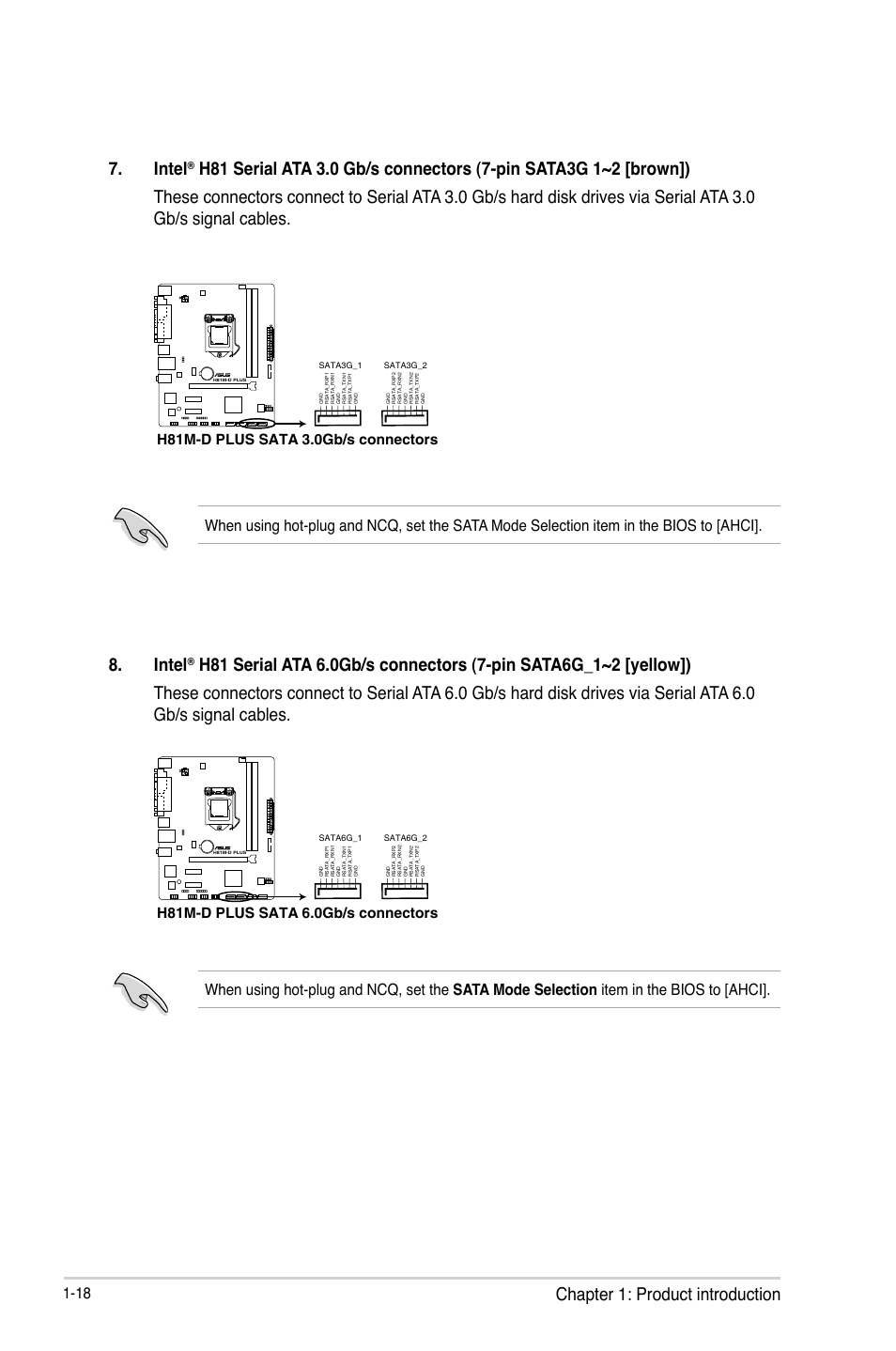 Chapter 1: product introduction, Intel, H81m-d plus sata 3.0gb/s connectors | H81m-d plus sata 6.0gb/s connectors | Asus H81M-D PLUS User Manual | Page 26 / 48