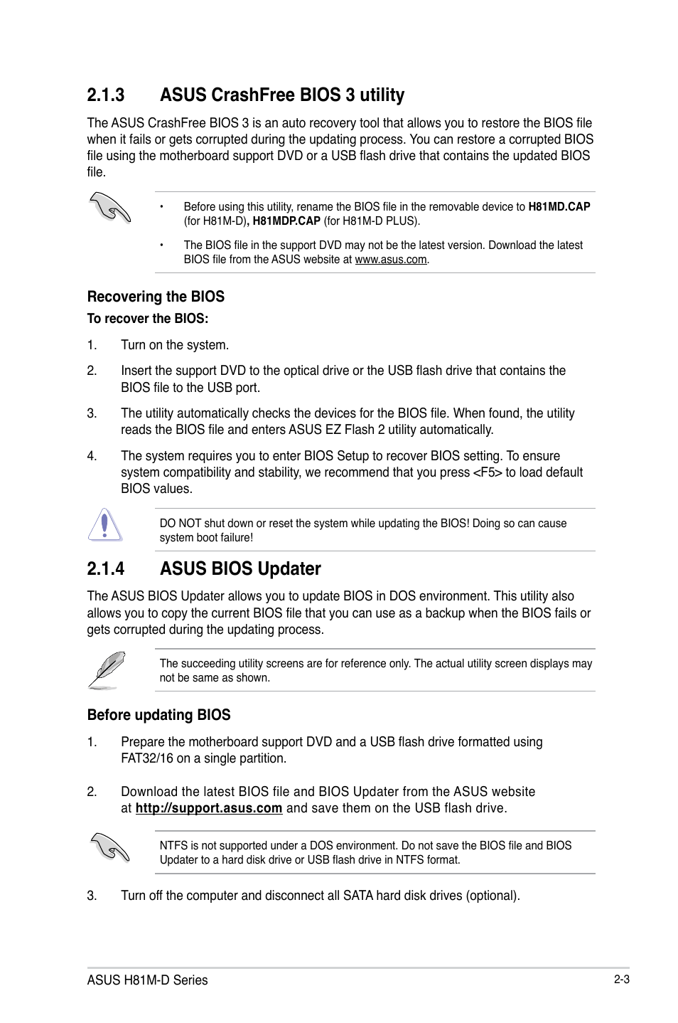 3 asus crashfree bios 3 utility, 4 asus bios updater | Asus H81M-D PLUS User Manual | Page 33 / 48