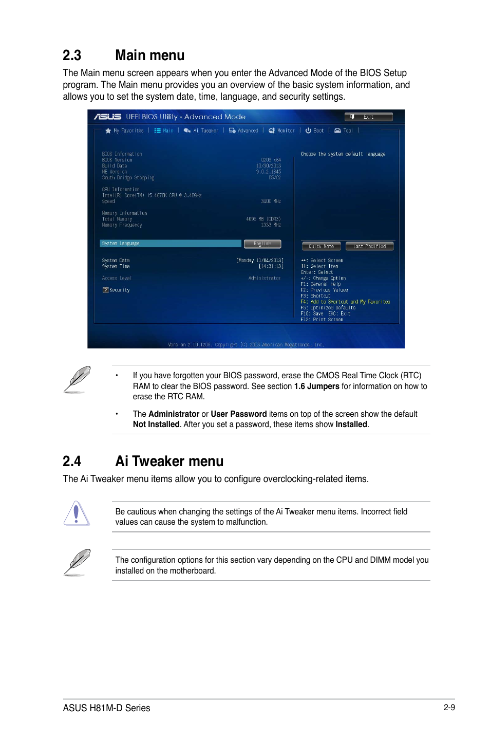 3 main menu, 4 ai tweaker menu | Asus H81M-D PLUS User Manual | Page 39 / 48