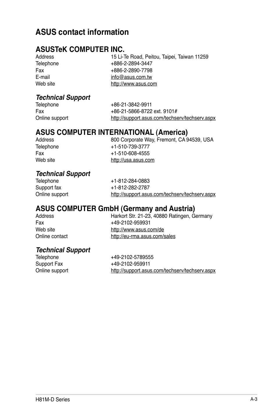 Asus contact information, Asustek computer inc, Asus computer international (america) | Asus computer gmbh (germany and austria), Technical support | Asus H81M-D PLUS User Manual | Page 47 / 48