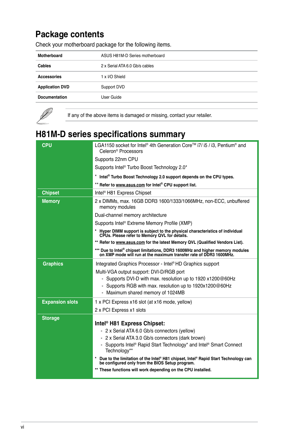 Package contents, H81m-d series specifications summary, Intel | H81 express chipset | Asus H81M-D PLUS User Manual | Page 6 / 48