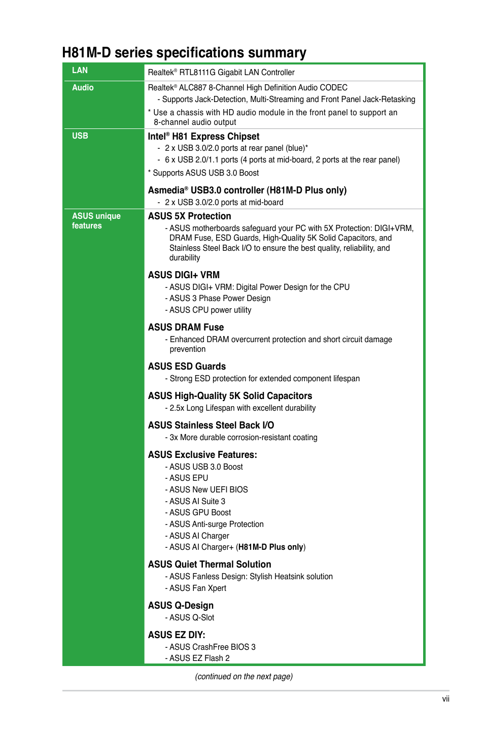 H81m-d series specifications summary | Asus H81M-D PLUS User Manual | Page 7 / 48