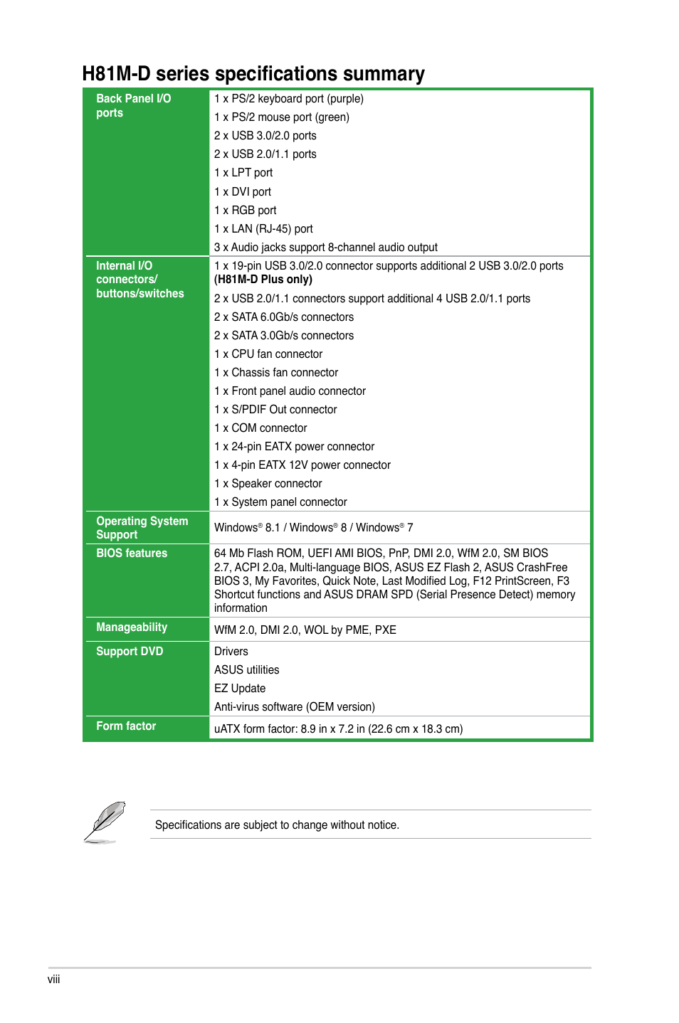 H81m-d series specifications summary | Asus H81M-D PLUS User Manual | Page 8 / 48