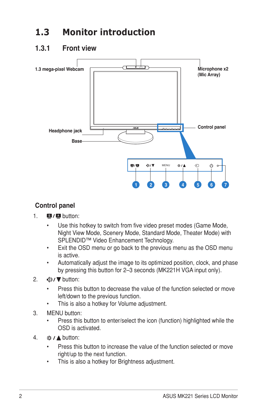 3 monitor introduction, 1 front view, Monitor introduction 1.3.1 | Front view, Control panel | Asus MK221H User Manual | Page 10 / 24