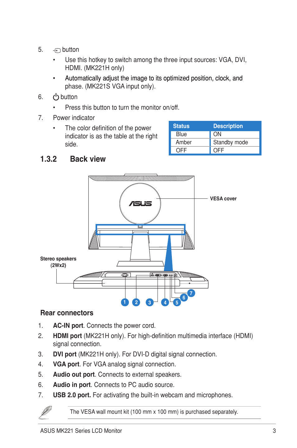 2 back view, Back view, Rear connectors | Asus MK221H User Manual | Page 11 / 24