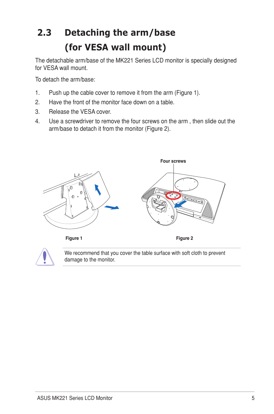 3 detaching the arm/base, For vesa wall mount), Detaching the arm/base | 3 detaching the arm/base (for vesa wall mount) | Asus MK221H User Manual | Page 13 / 24