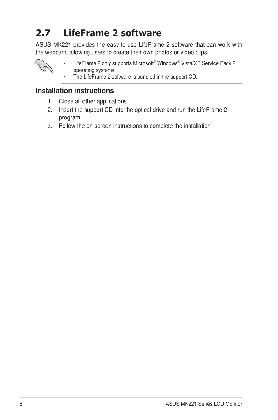 7 lifeframe 2 software, Lifeframe 2 software, Installation instructions | Asus MK221H User Manual | Page 16 / 24