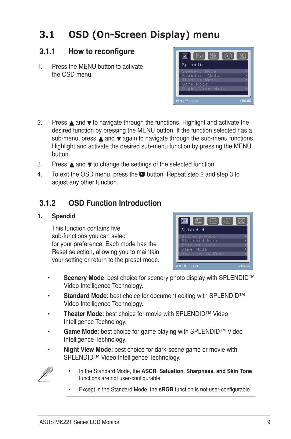 1 osd (on-screen display) menu, 1 how to reconfigure, 2 osd function introduction | Osd (on-screen display) menu 3.1.1, How to reconfigure, Osd function introduction | Asus MK221H User Manual | Page 17 / 24
