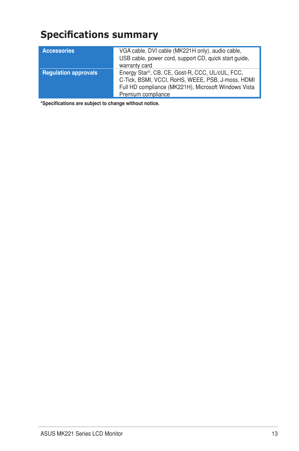 Specifications summary | Asus MK221H User Manual | Page 21 / 24