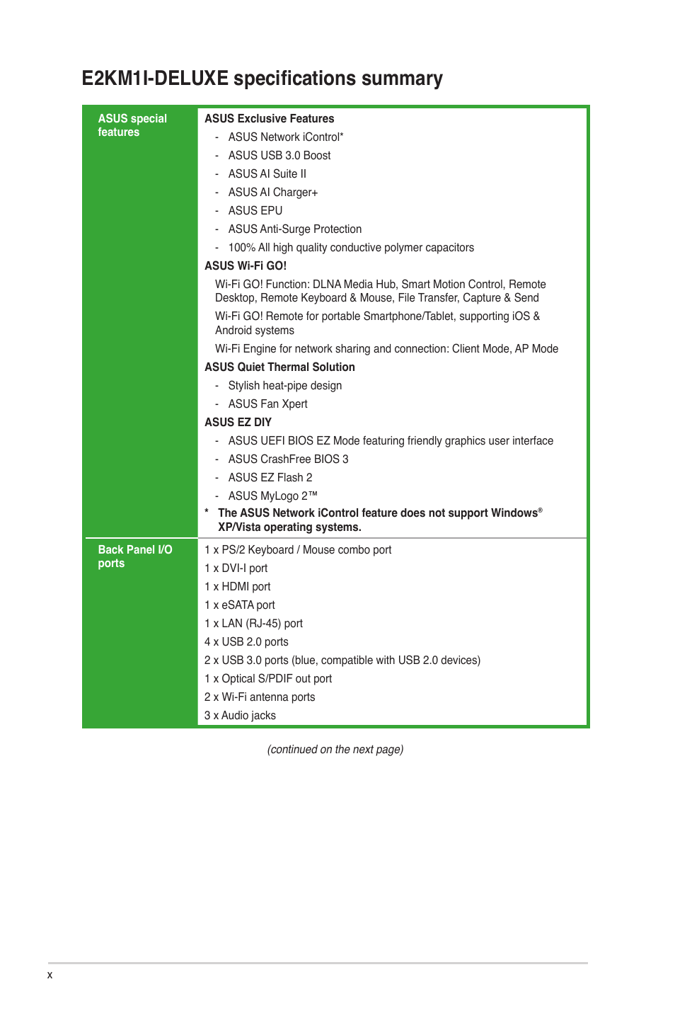 E2km1i-deluxe specifications summary | Asus E2KM1I-DELUXE User Manual | Page 10 / 70