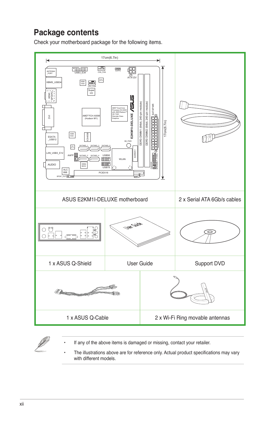 Package contents, User guide | Asus E2KM1I-DELUXE User Manual | Page 12 / 70