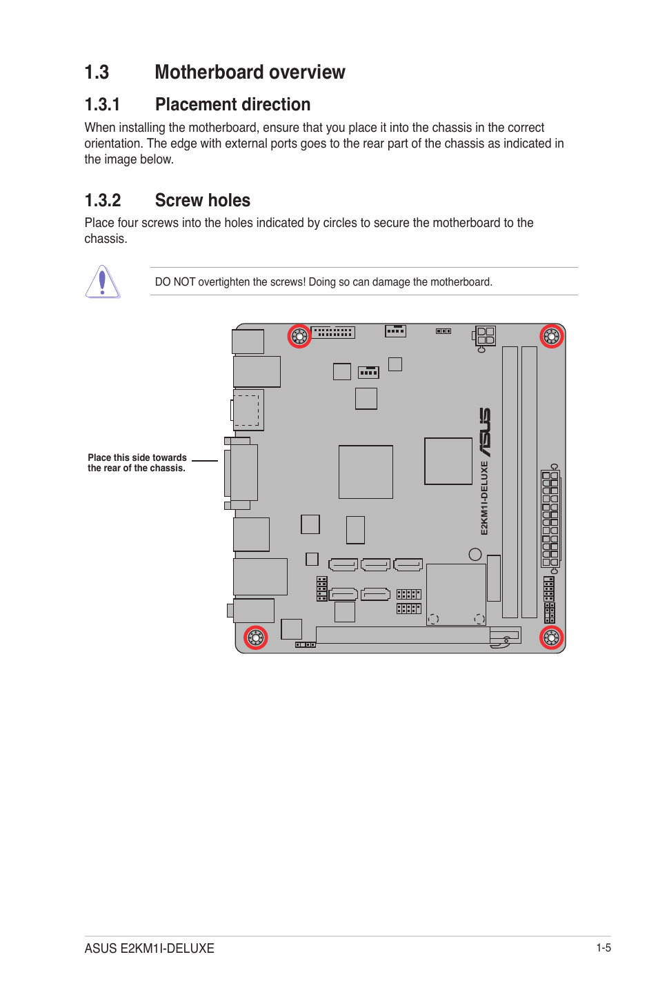3 motherboard overview, 1 placement direction, 2 screw holes | 3 motherboard overview -5, Placement direction -5, Screw holes -5 | Asus E2KM1I-DELUXE User Manual | Page 17 / 70