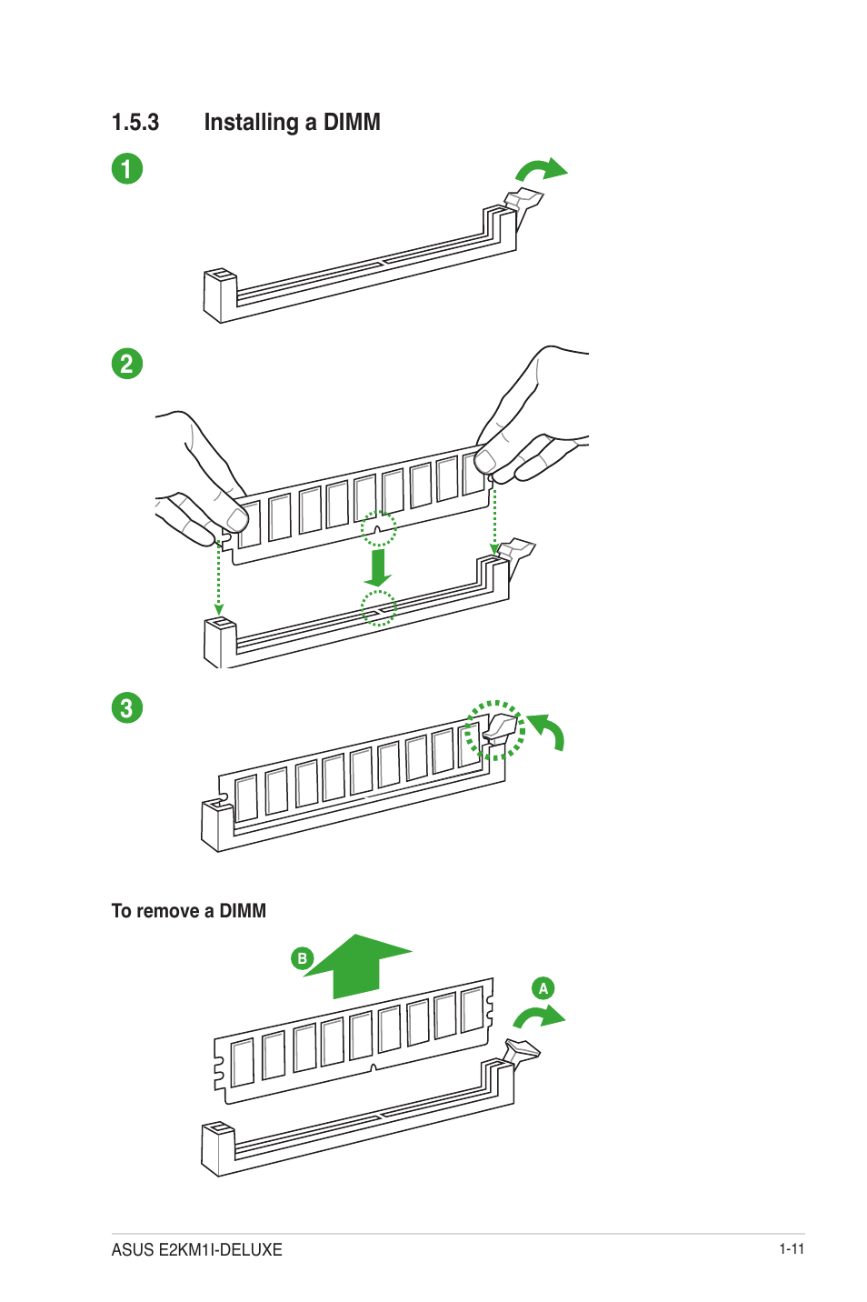 3 installing a dimm, Installing a dimm -11 | Asus E2KM1I-DELUXE User Manual | Page 23 / 70