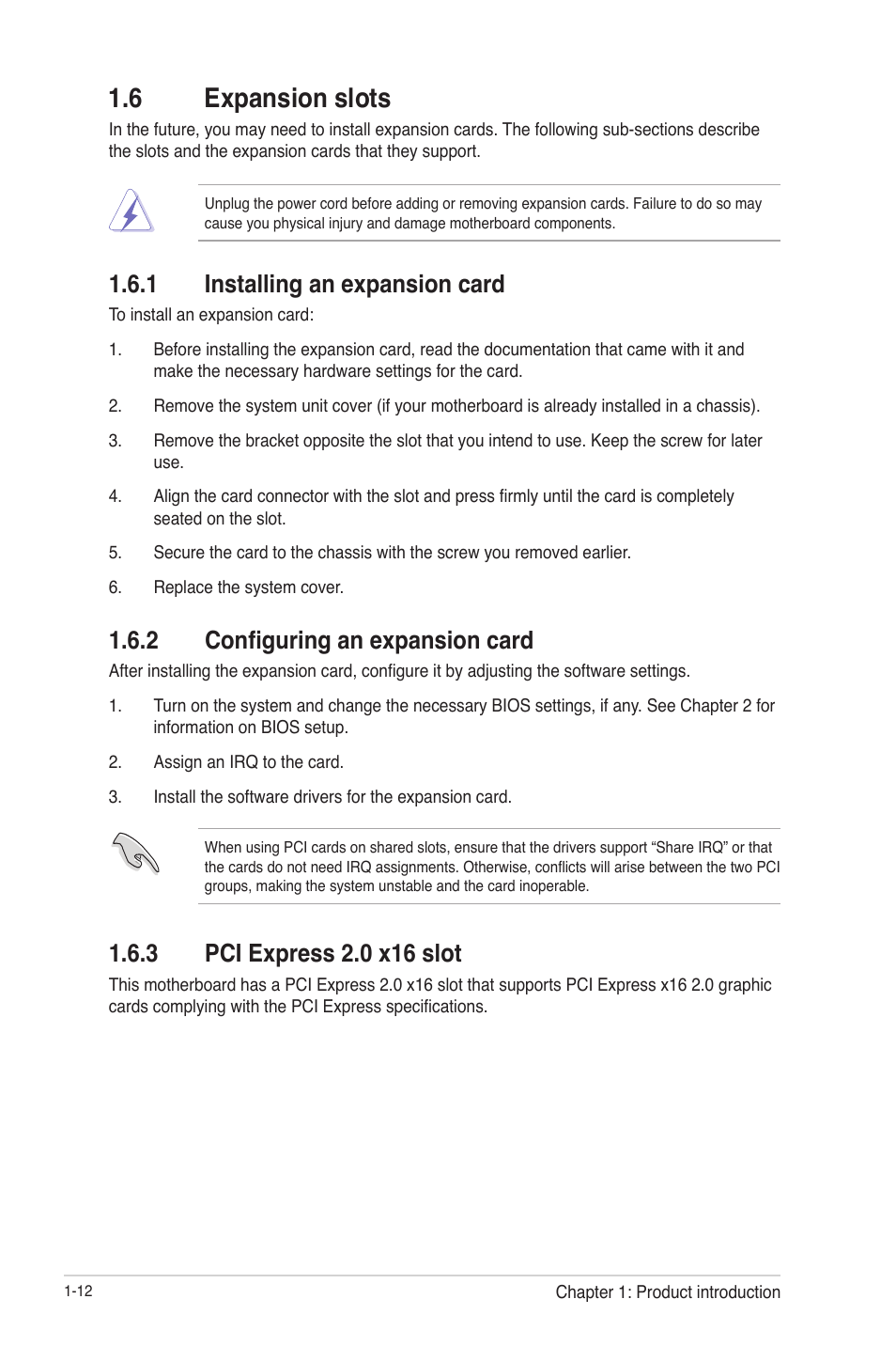 6 expansion slots, 1 installing an expansion card, 2 configuring an expansion card | 3 pci express 2.0 x16 slot, 6 expansion slots -12, Installing an expansion card -12, Configuring an expansion card -12, Pci express 2.0 x16 slot -12 | Asus E2KM1I-DELUXE User Manual | Page 24 / 70
