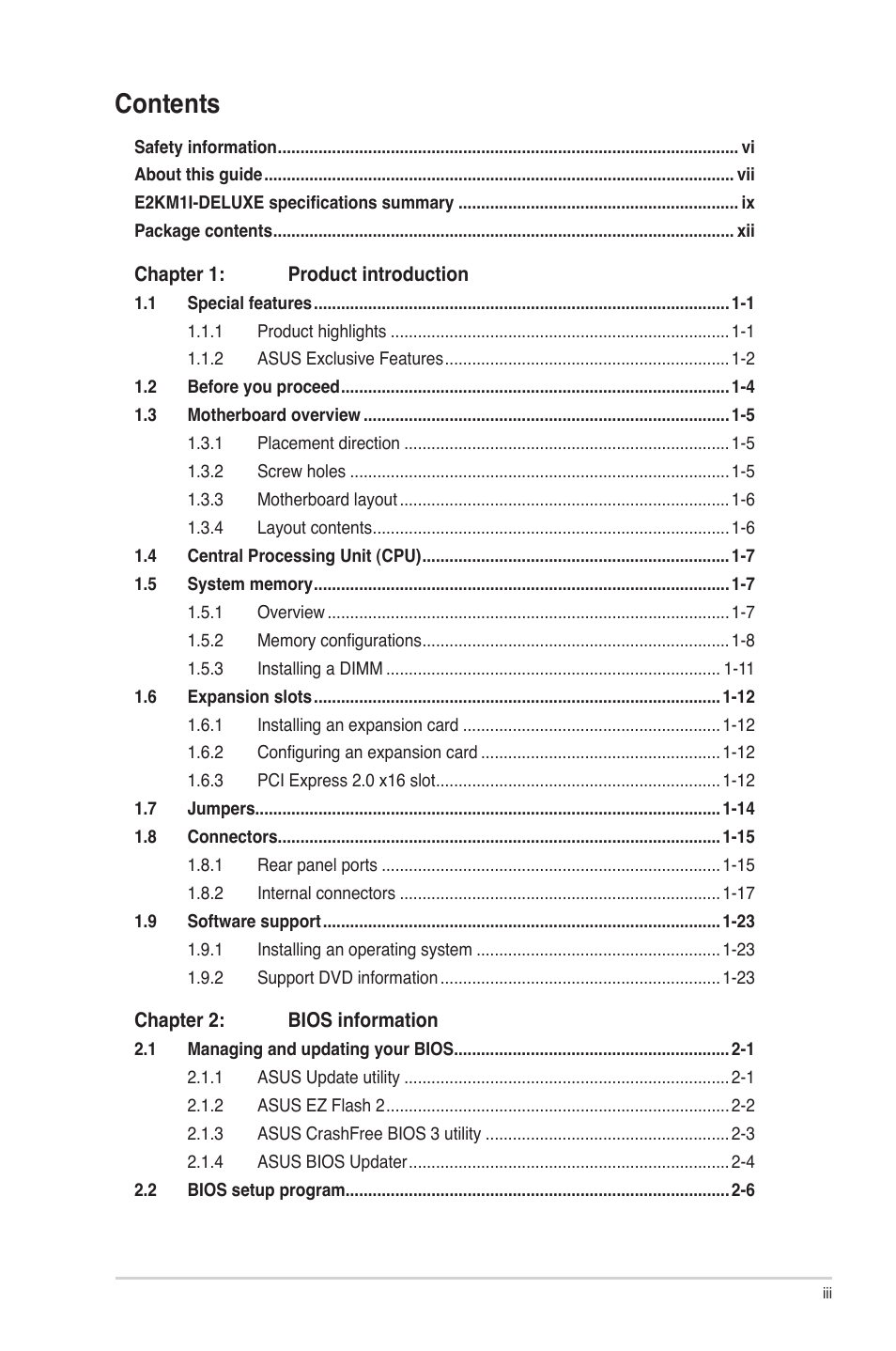 Asus E2KM1I-DELUXE User Manual | Page 3 / 70