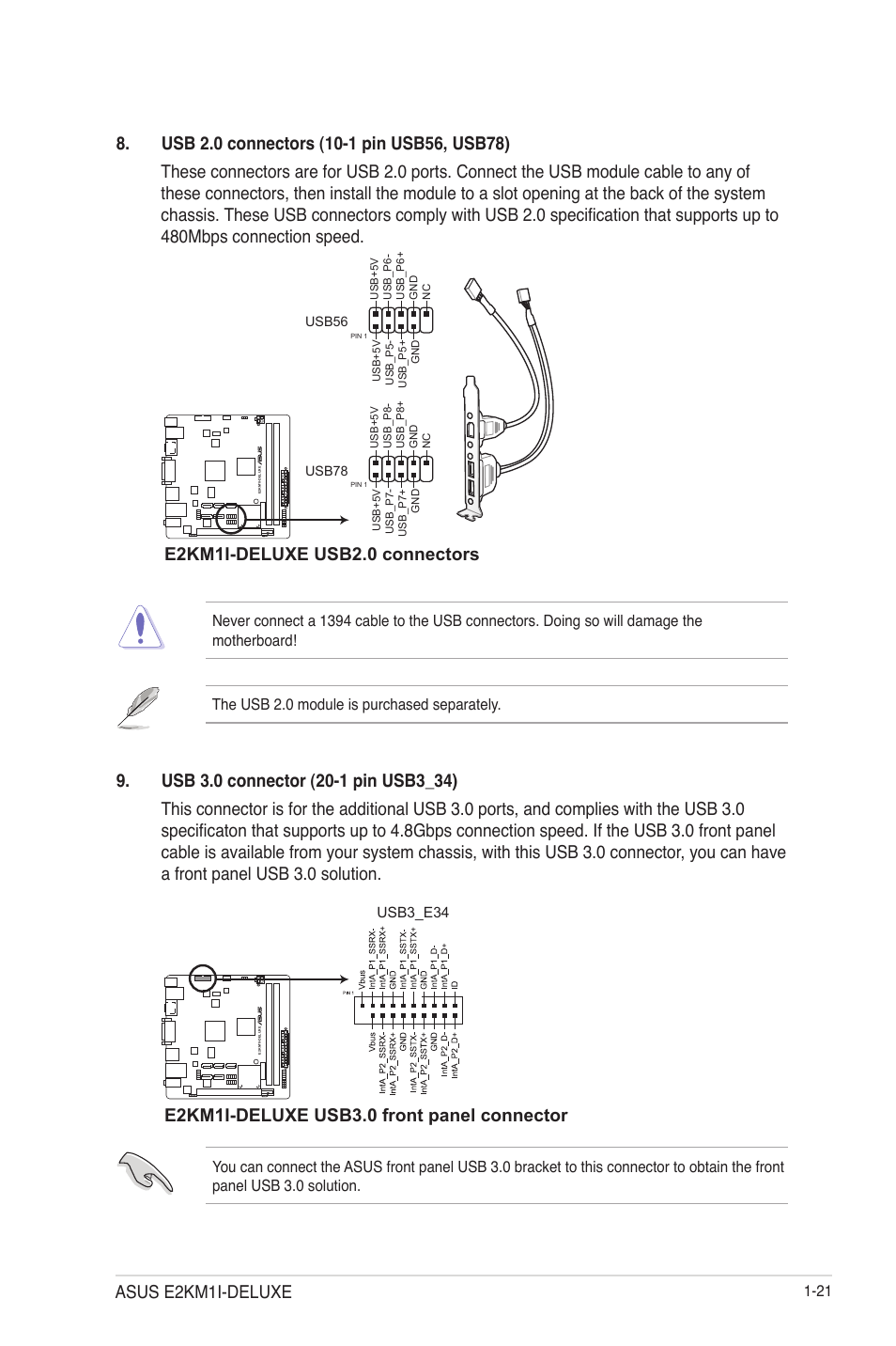 E2km1i-deluxe usb2.0 connectors, E2km1i-deluxe usb3.0 front panel connector, Asus e2km1i-deluxe | Asus E2KM1I-DELUXE User Manual | Page 33 / 70