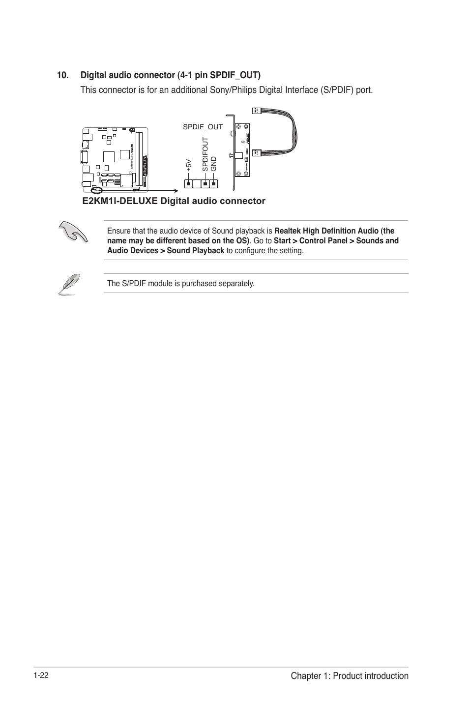 E2km1i-deluxe digital audio connector, Chapter 1: product introduction | Asus E2KM1I-DELUXE User Manual | Page 34 / 70