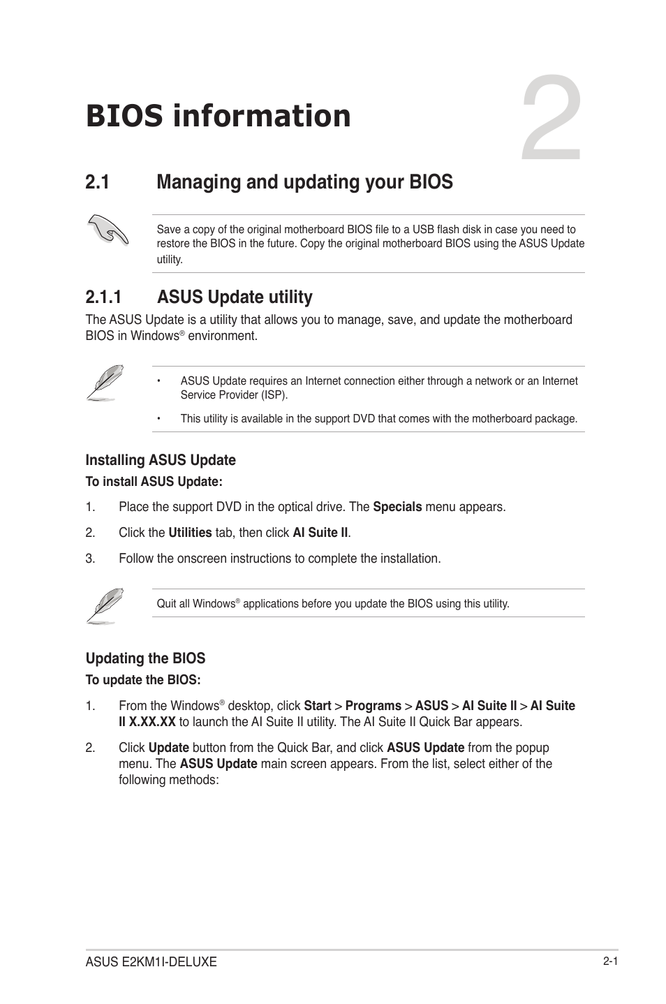 Chapter 2: bios information, 1 managing and updating your bios, 1 asus update utility | Bios information, 1 managing and updating your bios -1, Asus update utility -1 | Asus E2KM1I-DELUXE User Manual | Page 37 / 70