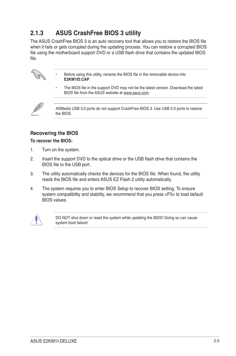3 asus crashfree bios 3 utility, Asus crashfree bios 3 utility -3 | Asus E2KM1I-DELUXE User Manual | Page 39 / 70
