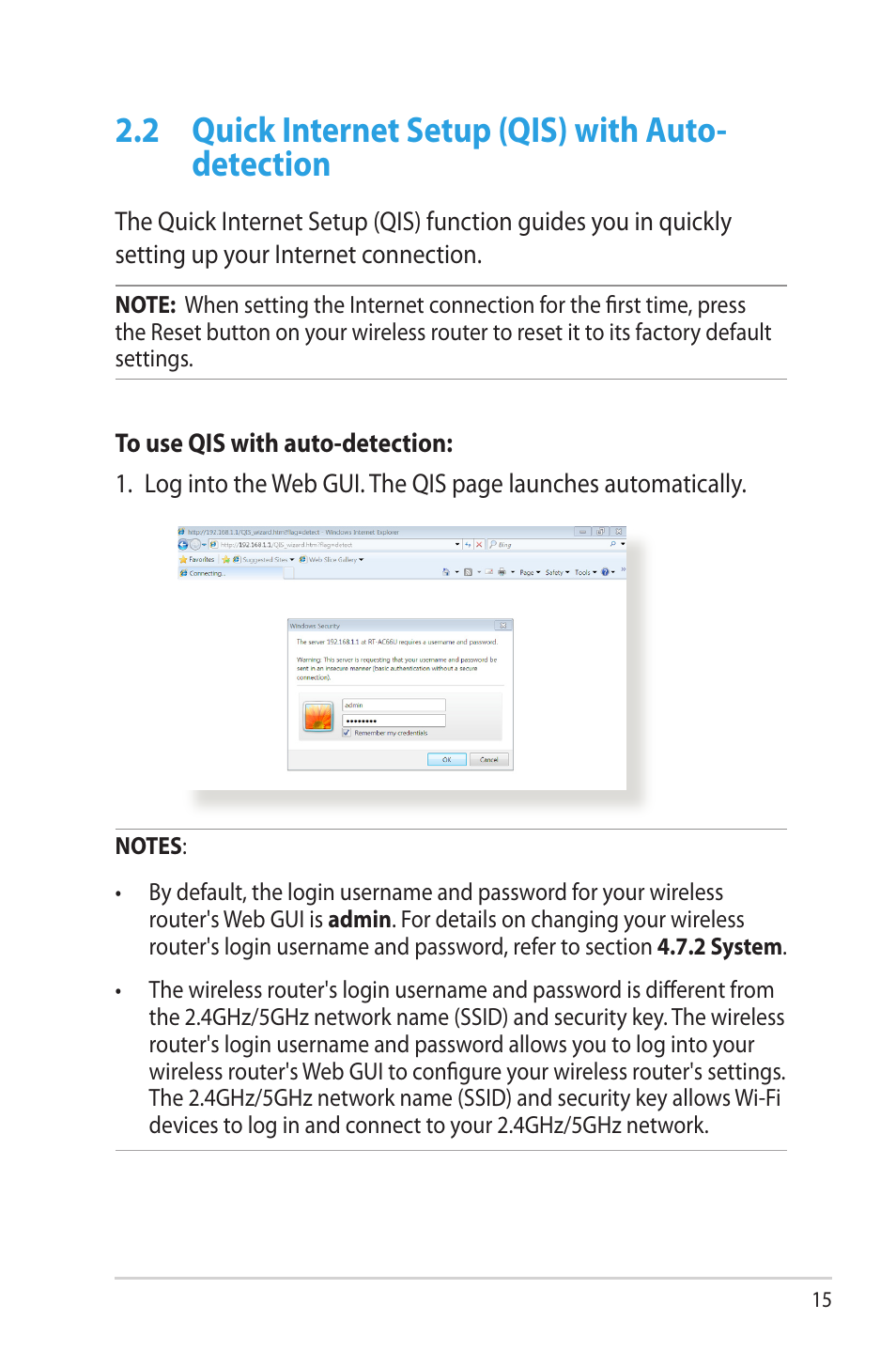2 quick internet setup (qis) with auto-detection, Quick internet setup (qis) with auto-detection, 2 quick internet setup (qis) with auto- detection | Asus RT-AC68U User Manual | Page 15 / 129